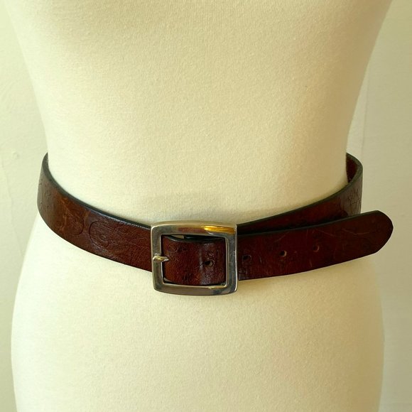 Floral Embossed Leather Belt with Solid Brass Buckle Vintage Brown Leather Belt - Picture 1 of 8